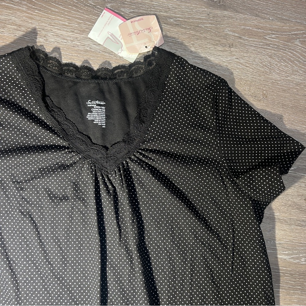 Secret Treasures Black Polka Dot Nightgown Lace Trim V-Neck S/M